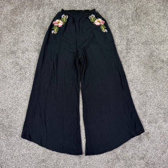Free People Pants - Free People Black Floral Embroidered Wide Leg Gauze Pants XS Smocked Waist Boho